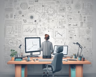 a desk with several computers