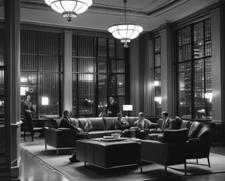 A monochromatic indoor scene featuring a consultation area with a modern design. Two people are seated at a long wooden table, working on laptops, while another person stands nearby. Bookshelves are visible beneath the table, and a sign reads 'Consultation Specialisee'. Overhead lighting and glass partitions add to the contemporary architectural style.