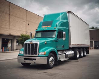 A large white semi-truck with a trailer is parked on a gravel surface, with clear blue sky and distant mountains in the background. Another vehicle, likely a pickup truck in a darker color, is partially visible on the left side.