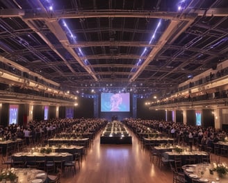 An outdoor event with a large crowd of people seated in plastic chairs. A stage is set up with a large screen displaying colored panels and graphics. Some attendees are wearing shirts labeled 'VOLUNTEER' and colorful clothing, using umbrellas to shield themselves from the sun. The backdrop features a building with a geometric pattern of windows.