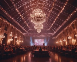 A large conference or event is taking place in a spacious hall with an audience seated in rows facing a well-lit stage. The stage has a screen displaying text and a presenter standing beside it. The ceiling is equipped with numerous lights and trusses, creating a dynamic atmosphere with green and blue lighting effects.