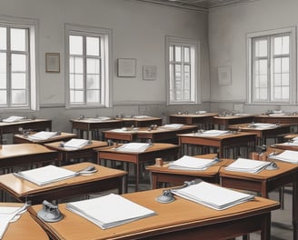 A historical classroom setting with several students seated at wooden desks. The teacher stands at the front near a blackboard filled with writings and diagrams. A globe is placed on a table, and educational charts hang on the walls.