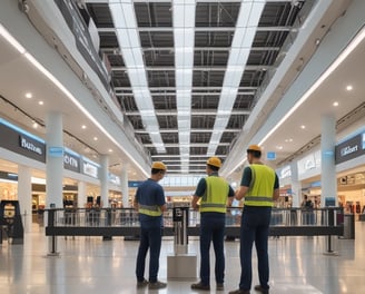 A large industrial space with massive machinery, including engines and generators. Two workers are operating and maintaining the equipment on a checkered floor under a high ceiling with steel beams.