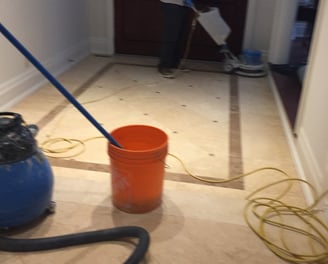 Polishing Crem Marfil Marble to beautiful shine with diamond resin pads and Floor restoration machine