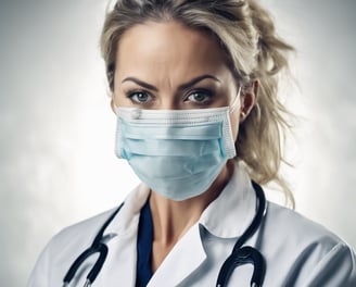 man in white scrub suit wearing green mask