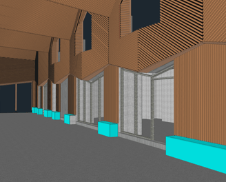 Vue 3D de l'habillage de la façade de la piscine intérieure