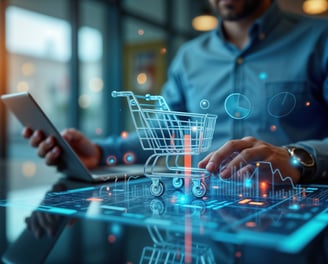 a man holding a tablet computer and a shopping carton