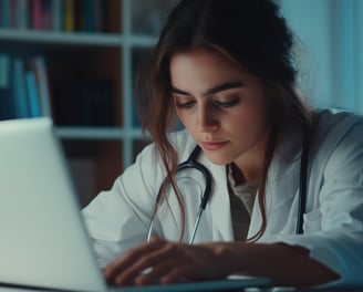 a woman in a lab coat and stethoscope on a laptop