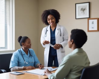 A professional consultation setting with a medical professional sitting at a desk facing a client. The room has a modern aesthetic with white walls decorated with framed certificates. The desk is organized with office supplies, a laptop, and a fruit bowl in the center.