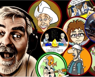 Funny old man with podcast equipment surround by cartoon characters.