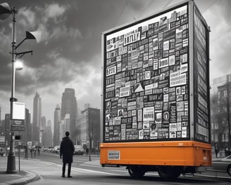 The image depicts a modern indoor setting with posters on a wall featuring a professional headshot and text related to marketing. Silhouetted figures are seated at tables in the foreground, casting shadows. The lighting is dim, creating contrast between the illuminated posters and darker seating area.