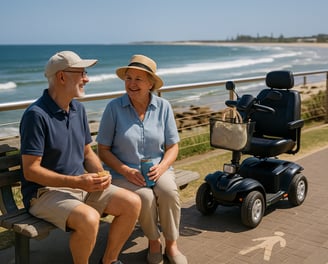 Elderly woman smiling while riding a mobility scooter along the beach path