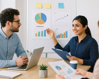 Marketing strategist analyzing audience insights and business goals to build a data-driven plan for