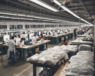 A spacious industrial facility with metal machinery and equipment, featuring a production line with a focus on textile processing. Brightly colored fabrics are moving through the machines, and there are large rolls of fabric and textile materials nearby. The environment is clean and organized, with a high ceiling and visible ductwork.