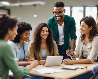 a group of people sitting around a table with a laptop