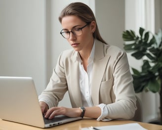a woman in a suit and glasses is sitting at a desk
