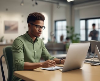 a man sitting at a desk with a laptop computer