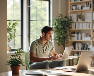 a man sitting at a table with a laptop and a laptop