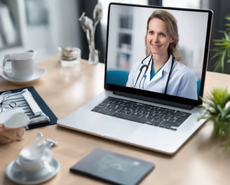 a woman in a white coat and blue gloves is wearing a virtual headset