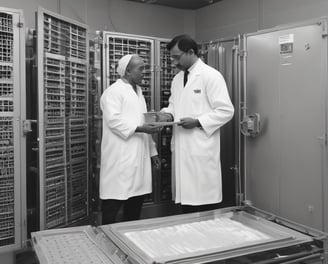 An industrial assembly area featuring several red agricultural machines in various stages of assembly. The foreground shows a bin filled with metal bolts. Overhead, there are cranes and hooks, suggesting a manufacturing environment. The machinery has visible engines and glass cabins.