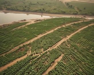 An aerial view of agricultural fields with a river cutting through the landscape. The fields are divided into rectangular patches, some covered with dark-colored materials, possibly solar panels or greenhouses. Several boats are visible on the river, suggesting transportation or trade activity. Infrastructure like roads and buildings are also visible, indicating human settlement and development.
