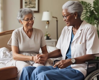 An elderly couple stands together, the woman seated in a wheelchair holding a blue folder with a gold logo. The man stands beside her, wearing a dark blue shirt with a patterned design. A decorative wall with a branching pattern and birds is in the background.