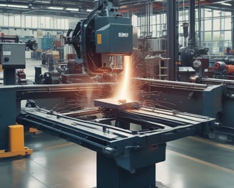 A large industrial cylindrical machine wrapped in a turquoise covering is positioned in a spacious factory setting with high ceilings and overhead beams. The machinery has visible gears and is mounted on a sturdy base. Nearby on the floor, there is a blue motor and various pieces of metal equipment scattered around. The industrial environment is well-lit, with natural light coming from the windows above.