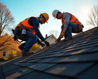 Commercial roofing team working on flat roof of a business building
