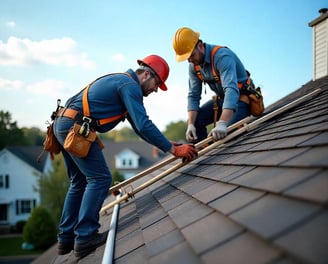 Residential roofing contractors installing new shingles on a New Jersey home
