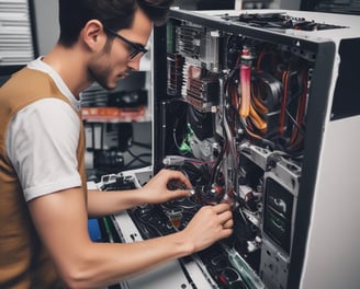A sign for 'Shallom Komputer' is displayed prominently on the facade of a building, surrounded by lush green trees. The sign offers information about services related to hardware, software, networking, and accessories. The building features several rectangular windows and air conditioning units.