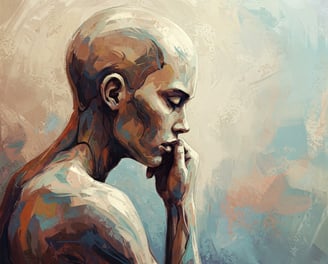 una persona pensando con la mano en el mentón pintura al óleo color celeste ocre