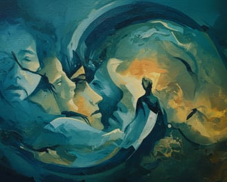una pintura abstracta al óleo con varios rostros y la silueta de un hombre en tonos azules y ocres