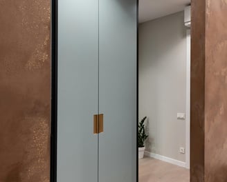 a large closet with a glass door and a potted plant
