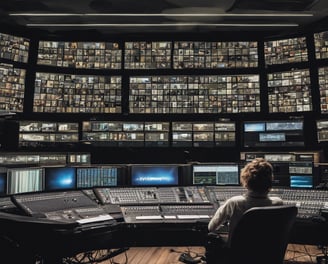 A hand holding a thermal scanner is pointed towards a rack of computer servers. The servers are illuminated with blue LED lights, giving a technological and futuristic feel.