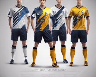 a group of soccer players in uniforms with a soccer ball