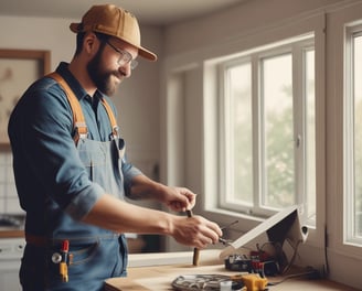 A black and white image captures a person wearing gloves using a power drill. The focus is on the hands and the drill, suggesting a construction or woodworking activity. The person is wearing a shirt with a logo on it.