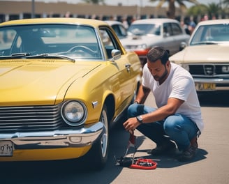 A person is using an air pump to inflate the rear left tire of a car. The vehicle appears to be worn and has visible dirt and scratches on its body. The scene is set outdoors on a dirt surface.