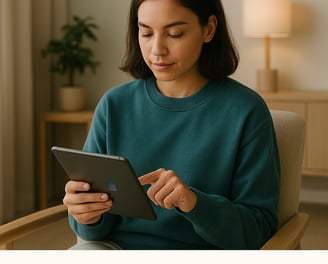a woman sitting on a couch with a tablet computer