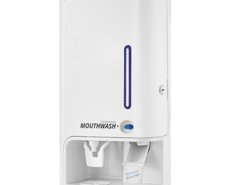 Dispensador automático de enjuague bucal color blanco, ideal para oficinas, baños y más.