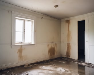 A person stands in floodwater in front of dilapidated houses with clothes hanging to dry. The water reaches up to the doorsteps, and there is a collection of household items visible. Another person is sitting inside the doorway of one of the houses.