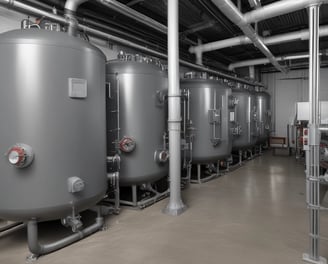 A complex manifold system with multiple white pipes connected in parallel to a row of valves. Several gauges are visible, as well as an assortment of knobs and control switches. The setup appears part of a heating or plumbing system, with wiring and connectors visible. The background shows a partially unfinished wall, suggesting an installation in progress or maintenance area.