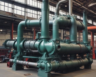 A complex system of pipes and valves with several pressure gauges and a red pump. The setup includes white pipes with red and blue markers, metallic connectors, and a panel with temperature indicators.