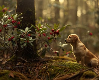 Labrador près de gaulthérie couchée