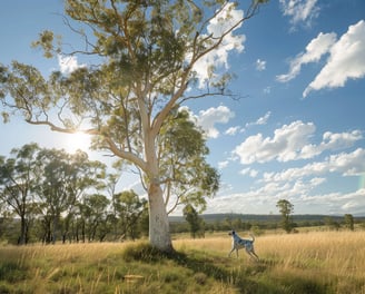 Australian Cattle dog près d'un eucalyptus citronné