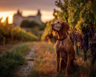 Braque Français assis paisiblement au milieu des vignes