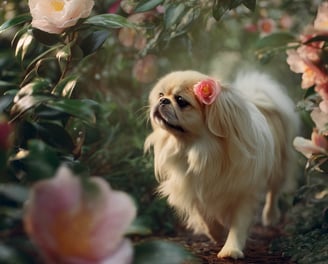 Pekinois dans champ de camélias