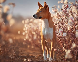 Basenji dans un champ de sésame en fleurs