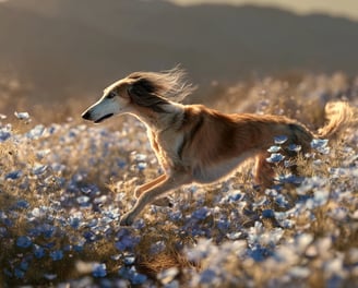 Saluki courant doucement à travers les fleurs de nigelle