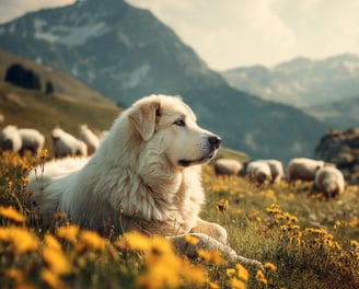 Chien patou dans l'arnica