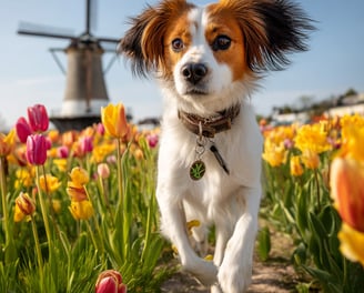 Kooikerhondje dans les tulipes